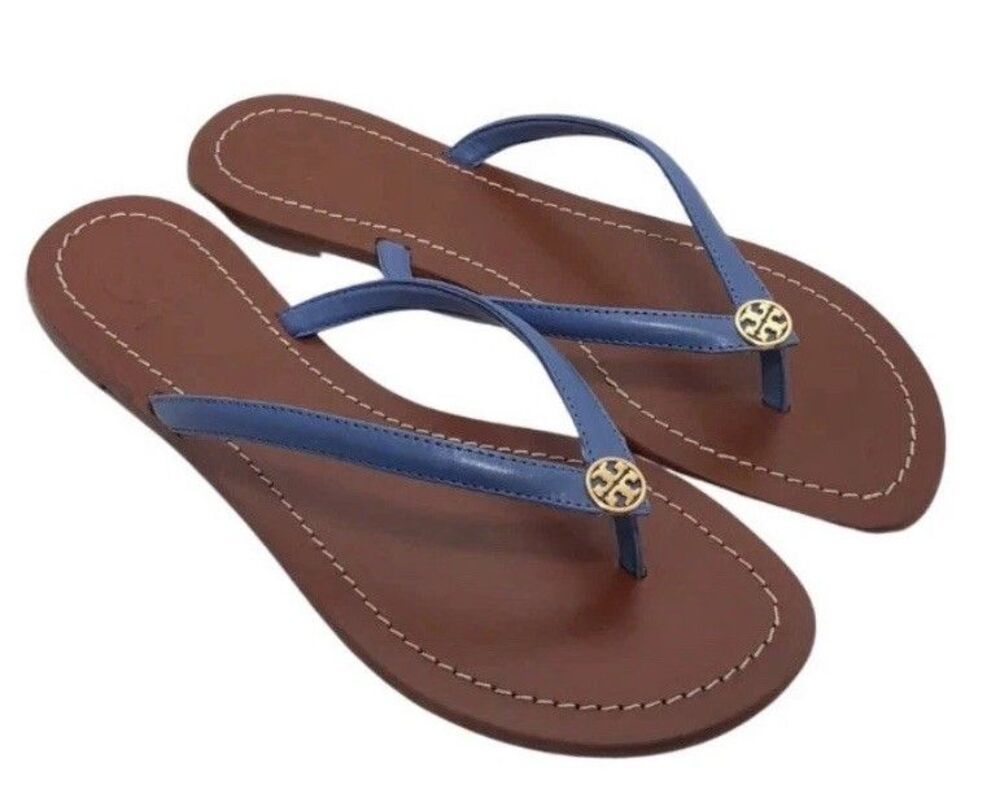 Tory Burch Terra Blue Leather Thong Sandals  Tan/ White Size 8M